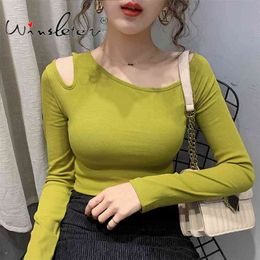 Spring Solid T-shirt Women Cotton Stretchy Slim Off-shoulder Hollow Out Long Sleeve Tops Tees ropa mujer T01410B 210421