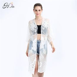 Women Summer Blouse Long Cardigans Half Sleeve Lace Up Beach Clothing Bikini Outerwear Loose Sunscreen 210430