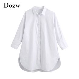 Women Loose Batwing Long Sleeve White Blouse Asymmetrical Turn Down Collar Ladies Office Tops Casual Cotton Shirt Female 210515