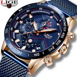 Relogio Masculino LIGE Blue Casual Mesh Belt Fashion Quartz Chronograph Mens Watches Top Brand Luxury Waterproof Clock 210527