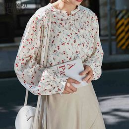 Button Cardigan Ladies Tops Autumn Floral Puff Sleeve Chiffon Blouse Women Office Loose Long Shirt 10203 210508