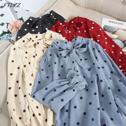 Autumn Winter Elegant Women Bow Polka Dot Puff Sleeve Chiffon Shirt Sweet Lady Loose Long 210423