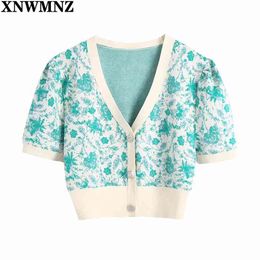 Summer Women's fashion jacquard knit cardigan Retro women v-neck puff sleeves button top woman chic tops 210520