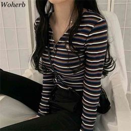 Woherb Women Korean Chic Spring Summer Striped Cardigan V-Neck Casual Thin Sweater Female Vintage Knitted Jackets Cardigans 210914