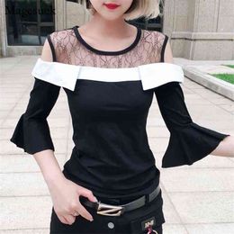 Off-shoulder Blouses Women Casual Lace Patchwork Three Quarter Flare Long Sleeve Tops Sexy Pullover Shirt Blusas 11436 210512