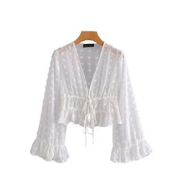 Women Deep V Neck Top White Lace Fashion Shirt Female Long Sleeve Chic Shirt Sexy Polka Dot Solid Color Mesh Blouses 210520