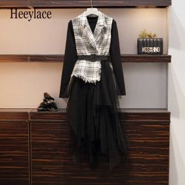 plus size autumn winter luxury office lady mesh dress set elegant slim two piece set with belt for women Y1006