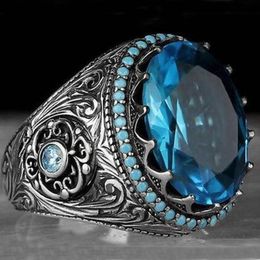 Cluster Rings Vintage Two Tone Wave Pattern Engraved Blue Stone Bow Ring For Women Ladies Wedding Dance Party Retro Flower Jewelry Gift M4M8