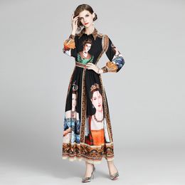 Runway Character Oil Painting Print Long Dress Women's Lantern Long Sleeve Turn Down Collar Empire Vintage Party Holiday Dress 210412