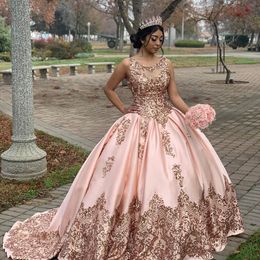 Sparkly Ball Gown Quinceanera Dresses Sequined Appliqued Sheer Jewel Neck Sweet 16 Dress Sweep Train Satin Corset Masquerade Gowns