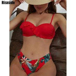 Riseado Sexy Bikinis Push Up Swimwear Women Swimsuits Red Ruffle Bikini Set Floral Print Biquini Thong Bathing Suits Summer 210611