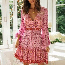 INSPIRED pink floral long sleeve dress for women V-neck button down pleated summer dress cotton bohemain women dresses 210412