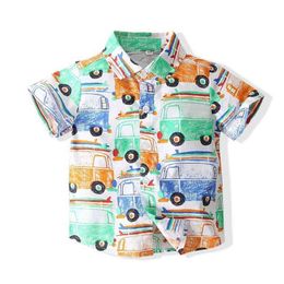 Summer 12 M 24M 1-6 Years Europe and American Baby Toddler Kids Tops Cartoon Full Print Car Short-Sleeve Shirt For Boys 210625