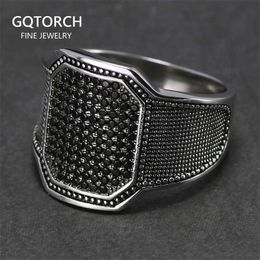 Solid 925 Silver Rings Cool Retro Vintage Turkish Ring Wedding Jewelry For Men Black Zircon Stone Curved Design Comfortable Fits 211217