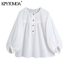 Women Fashion Hollow Out Embroidery Blouses O Neck Lantern Sleeve Female Shirts Blusas Chic Tops 210420