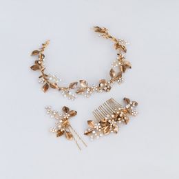 Vintage Gold Leaf Women Headband Bridal Vine Comb Crystal Floral Wedding Prom Headpiece Hair Jewellery