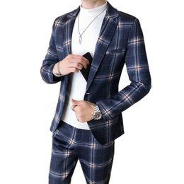 Men Blazers Formal Plaid Suits Pants 2 Piece Set Male Tuxedos Slim Fit Business Casual Wedding Groom Jacket Coat Trousers X0909