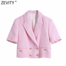Zevity Women Sweet Double Breasted Notched Collar Pink Tweed Woollen Short Blazer Coat Vintage Female Outerwear Chic Tops CT681 210603