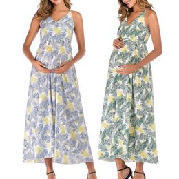 Strap Dress Round Short Sleeve Flower Print Maternity V-neck Dress Summer Fashion Skirt Maternity Dresses Q0713