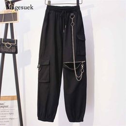 Mujer Pantalones Women Elastic Strap with Chain Harem Pants Black High Waist Zipper Casual Cargo for 10652 210518