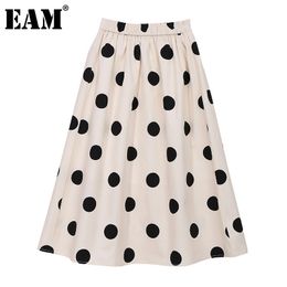 [EAM] Blue Casual Dots Pleated Spliced High Elastic Waist Half-body Skirt Women Fashion Spring Summer 1DD8532 210512