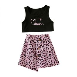 Printed Vest + leopard Skirt 2pcs clothing Set for baby girls