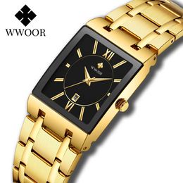 WWOOR Luxury Gold Black Watch For Women Fashion Square Quartz Ladies Dress Wrist es Top Brand Sport Clock reloj mujer 210616