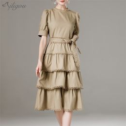 Summer Women'S Retro Patchwork Lace Dress Female O-Neck Fashion Short-Sleeved High-Waist Bow Elegant 210525