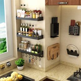 Punch-free Black Wall-mounted Kitchen Rack Wall-mounted Multi-function Spice Storage Rack Kitchen Supplies Five Pendants 211110