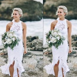 Simple White Beach Wedding Dresses 2022 Cheap Summer Applique Lace Bridal Gowns Slit Seaside Simple Cheap Mermaid Dress Customized