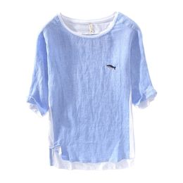 Summer Cotton Linen Patchwork T Shirt For Men Chest Little Whale Embroidery Fashion Short Sleeve Tshirt Loose Tee&Tops 210716