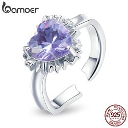 925 Sterling Silver Princess Rromantic Big Purple Heart Crystal Open Ring Waves Adjustable for Women Wedding BSR190 211217