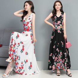 summer Elegant women Vintage Print Chiffon Boho Maxi Sundress Beach Vacation Summer Dresses Vestidos 210531