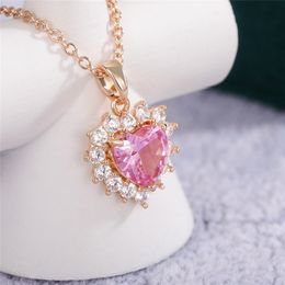 Romantic Women Engagement Pink CZ Heart Pendant Necklace Shiny Delicate Accessories Party Daily Wear Good Quality Fashion Jewellery