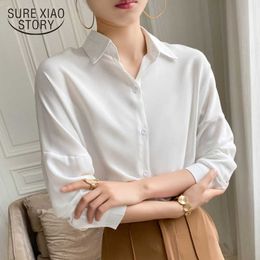 Casual Plus Size Solid chic chiffon Blouse Women Multi color Casual Lapel Loose Long Sleeve Elegant White Pink Tops 9862 210527