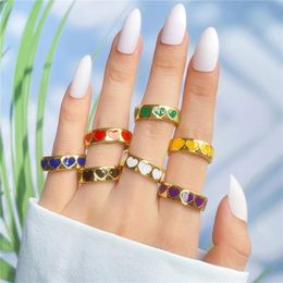 Classic Open Gold Alloy Rings Colourful Enamel Heart Rings for Women Girls Popular Dripping Oil Heart Rings Finger Jewellery Hot