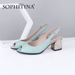 SOPHITINA Summer Women Sandals Peep Toe Square Heel High Quality Sheepskin Metal Decoration Shoes Floral Sweet Sandals PC587 210513