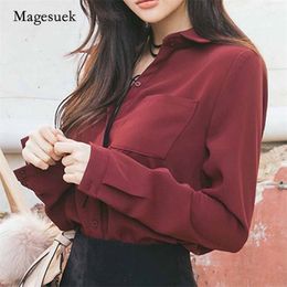 Womens Single-breasted Tops and Blouses Plus Size Loose Shirt Chiffon Long-sleeved pocket Blusas Mujer De Moda 2246 210518