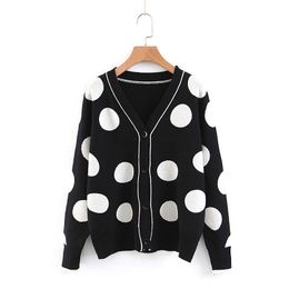 Women Sweater Knitted Long Sleeve Black White Polka Dot Cardigans Loose V Neck Autumn Winter Elegant M0086 210514