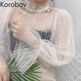 Korobov Vintage Long Sleeve Perspective Women Blouses Korean Sexy Hollow Out Female Shirts Summer New Blusas 210430