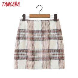 Tangada Autumn Winter Women Plaid Pattern Tweed Skirts Faldas Mujer Zipper Female Mini Skirt 8H14 210412