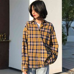 Autumn Korea Fashion Women Long Sleeve Loose Plaid Shirts Coat All-matched Casual Turn-down Collar Blouse Ladies Tops S421 210512