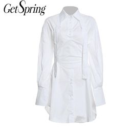 Getspring Women Set Girdle Shirt s Long Sleeve Cotton White Blouses Shirts Casual Fashion 2 Piece 210601