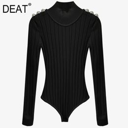 Turtleneck Long Sleeve Solid Color Balck Contracting Mesh Bodycon Striped Sexy Style Jumpsuit Women Spring GX345 210421