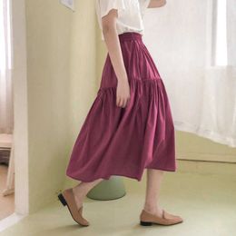 A-line Elastic Waist Umbrella Skirts for Women Summer High Waist Mid-length Jupe Solid Elegant All-match Female Bottoms 210525