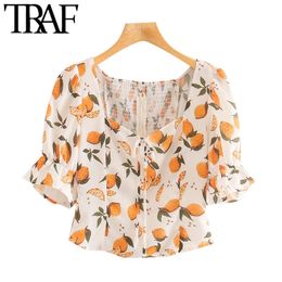 TRAF Women Sweet Fashion Lemon Print Cropped Blouses Vintage Back Zipper Elastic Female Shirts Blusas Chic Tops 210415