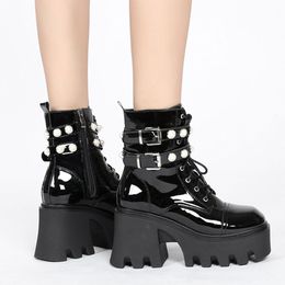 2022 Goth Platform Chunky Zipper Round Toe Motorcycle Women Boots Pearl Buckle Cool Street Fashion Autumn Shoes