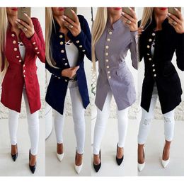 Autumn / winter 2020 fashion women's coat Long Sleeve breasted slim suit coat women's new stand collar solid color long coat XL X0721