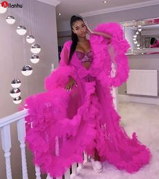 Lindo Fuchsia Ruffles Long Gravidez Promovers Mulheres Robe Ver através de Tulle A-Line Puffy Maternity Dress para Photoshoot Vestidos VDFV