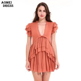 Summer Women Ruffles Mini Dress Linen Deep V Neck Sexy Mujer Casual S M L XL Party Ladies Orange Robes Gowns Female Clothing 210416
